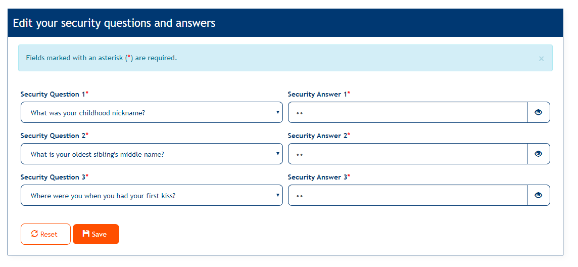 Edit Security Questions screen