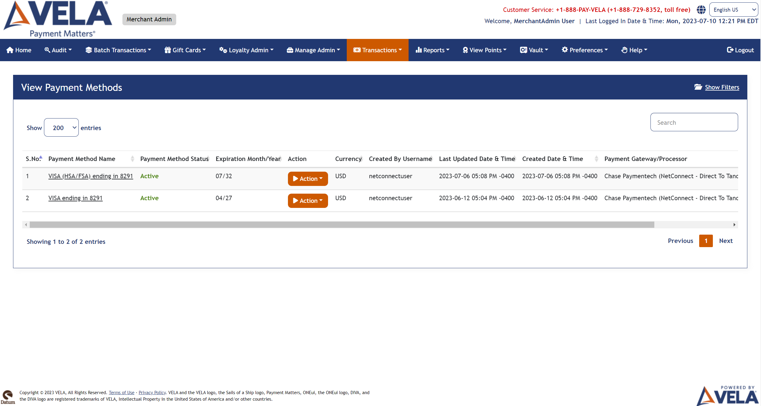 View Payment Methods