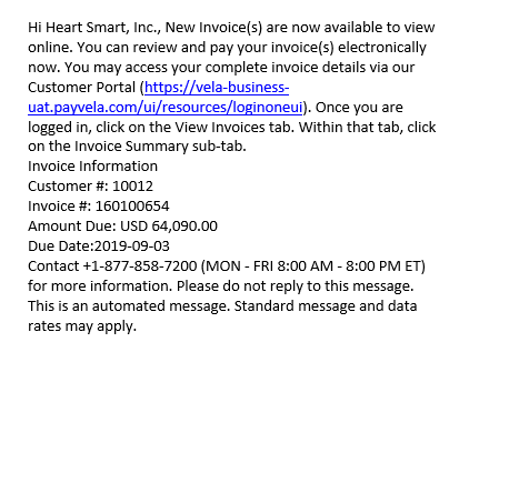 Invoice notification Text Message