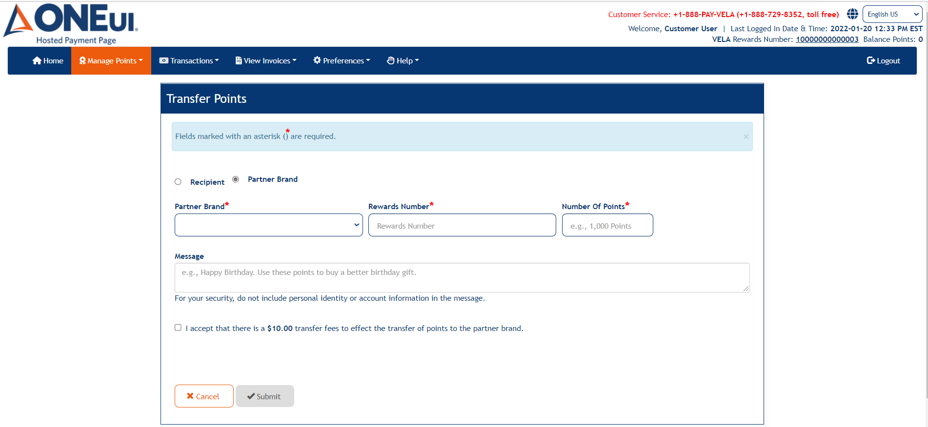 Transfer Points screen, partner brand